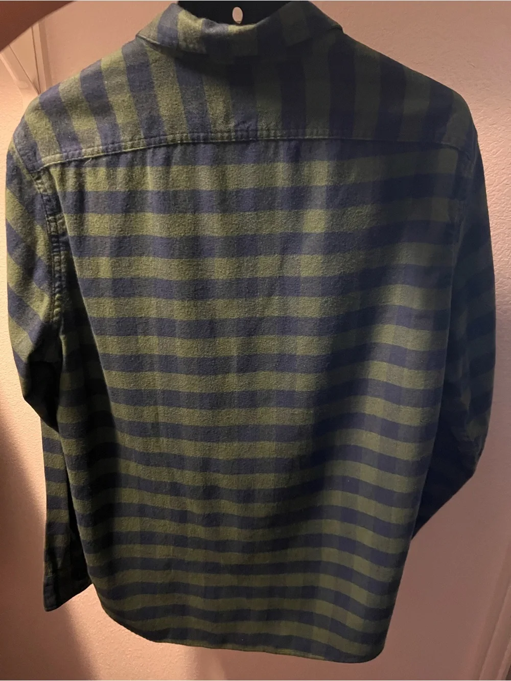 J. Crew Men’s Navy and Green Striped Flannel Button-Up Shirt